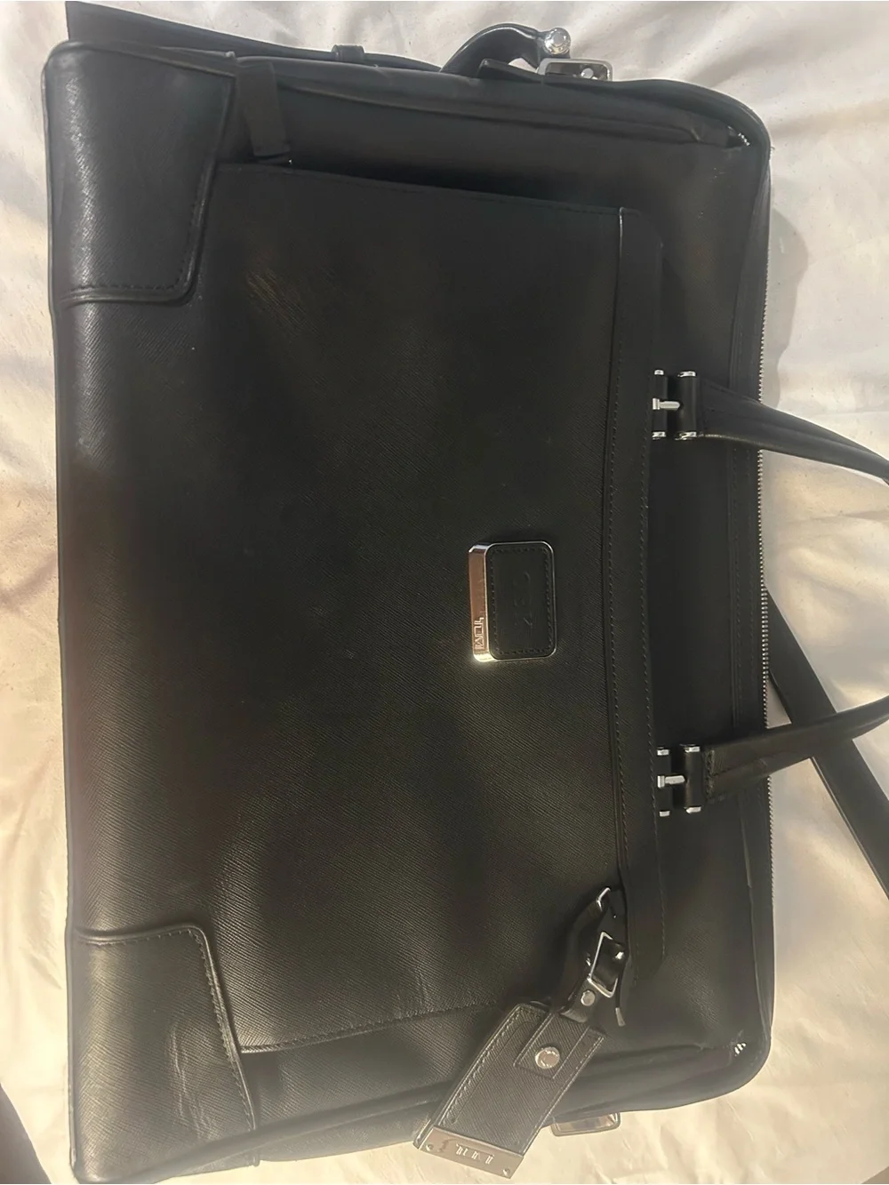 Tumi Black Leather Briefcase with Silver Hardware